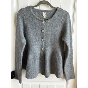 Anthropologie Maeve Gray Peplum Cardigan Rhinestone Jewel Buttons XS